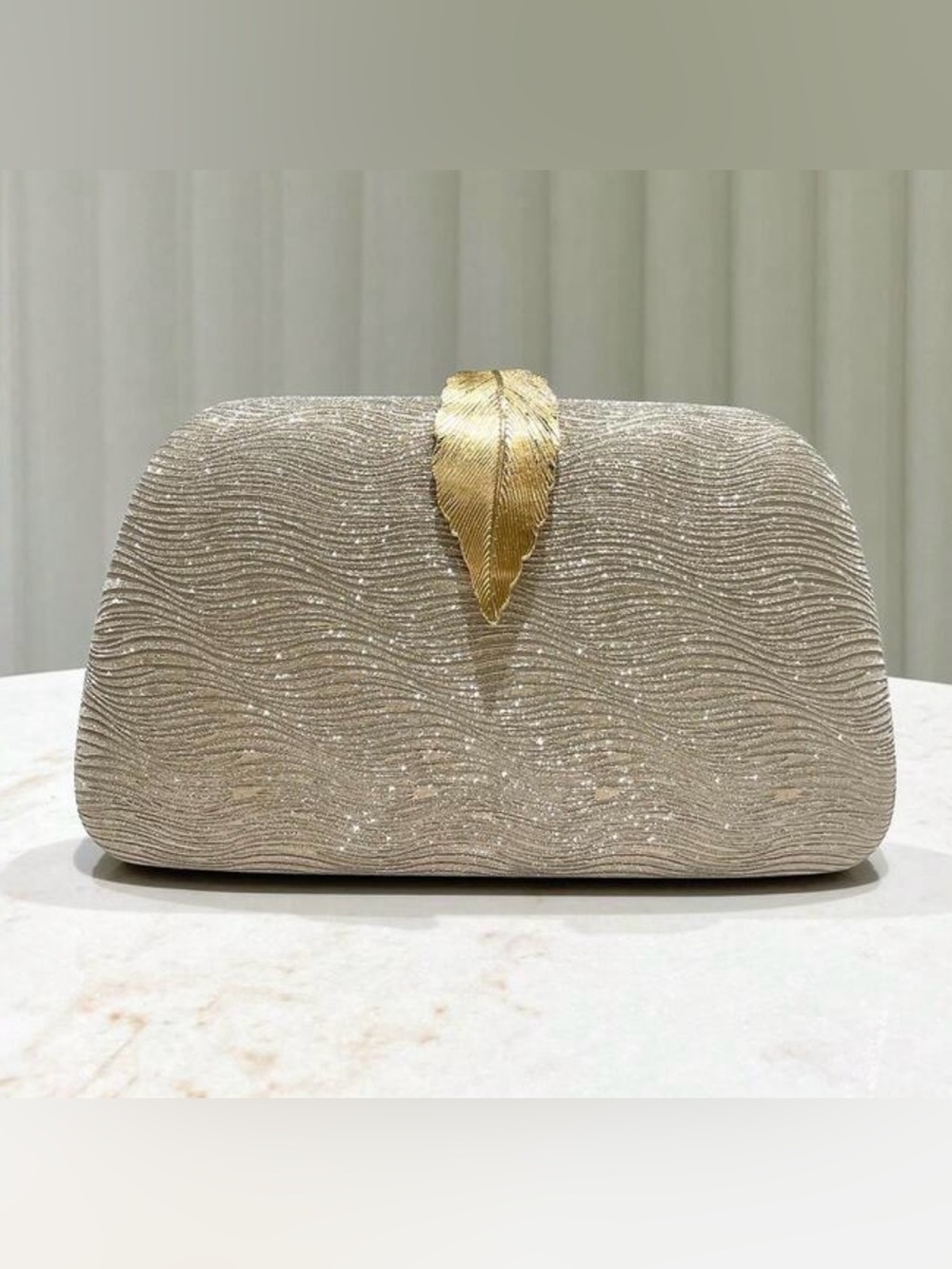 Gold Leaf Embellished Champagne Glitter Clutch